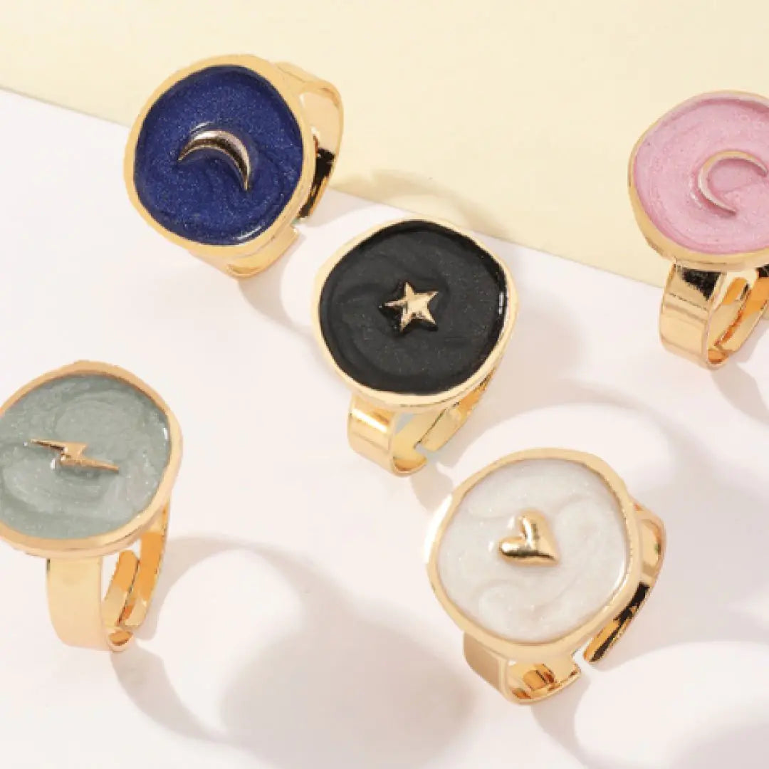 Celestial Crescent Moon Ring, Navy Enamel Ring, Round Enamel Coin Ring, 14K Gold-plated Copper, Adjustable Ring, Trendy Gift for Teen