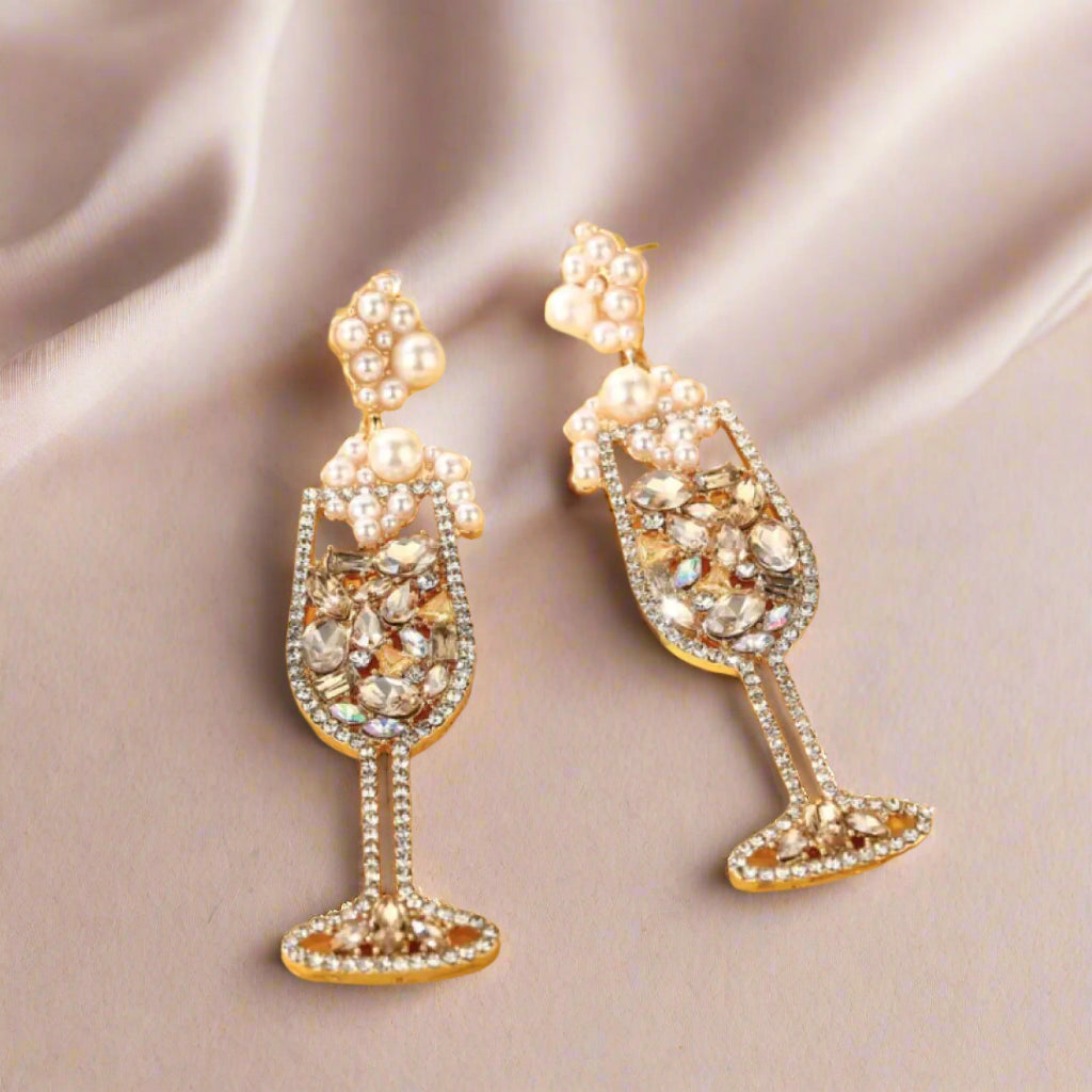 Cheers Dangle Earrings, Pearl and Rhinestone Earrings, Celebration Earrings, Bride Earrings