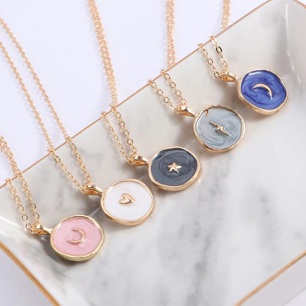 Celestial Enamel Pendant Necklace, Colourful Moon Star Heart Lightning Bolt Pendant Necklace For Women, Teen Girls