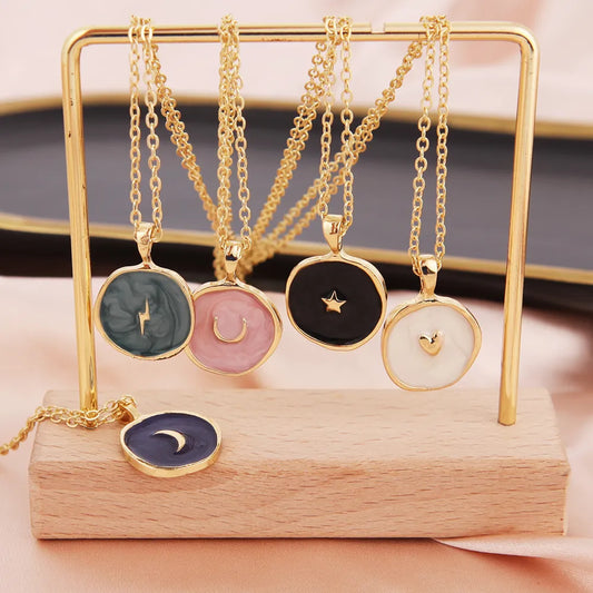 Celestial Enamel Pendant Necklace, Colourful Moon Star Heart Lightning Bolt Pendant Necklace For Women, Teen Girls