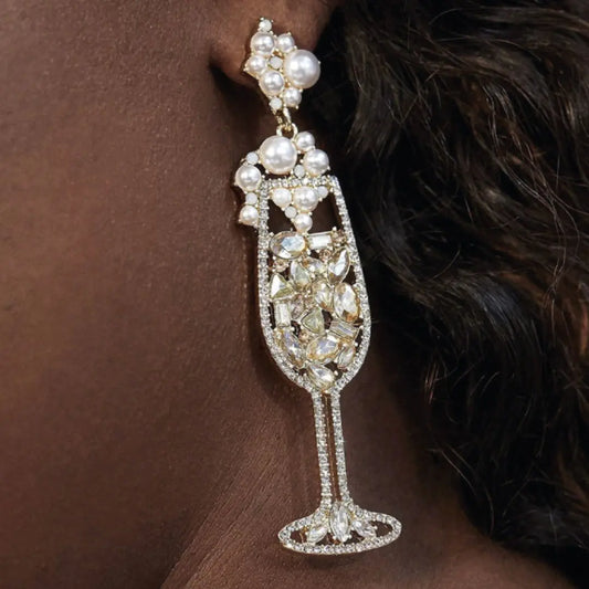Cheers Dangle Earrings, Pearl and Rhinestone Earrings, Celebration Earrings, Bride Earrings