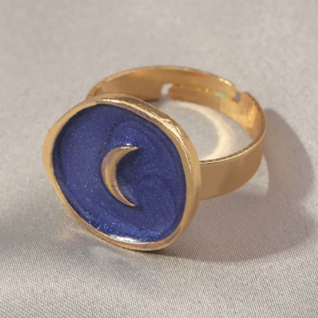 Celestial Crescent Moon Ring, Navy Enamel Ring, Round Enamel Coin Ring, 14K Gold-plated Copper, Adjustable Ring, Trendy Gift for Teen